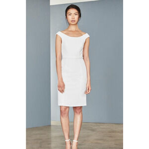 AMSALE Faille Cocktail Dress 18 Silk White Off Shoulder Sheath Knee Length
